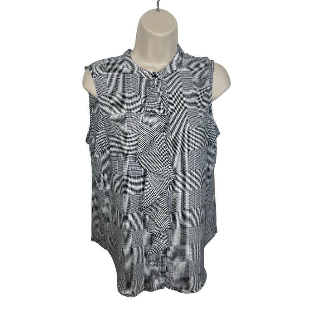 ELLE Women's Size Small Houndstooth Print Ruffle Button Front Blouse